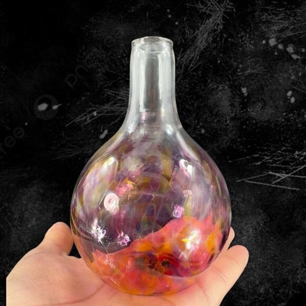 Hand Blown Glass Vase Artist Made Round Bottom With Magenta Yellow Spots Vintage